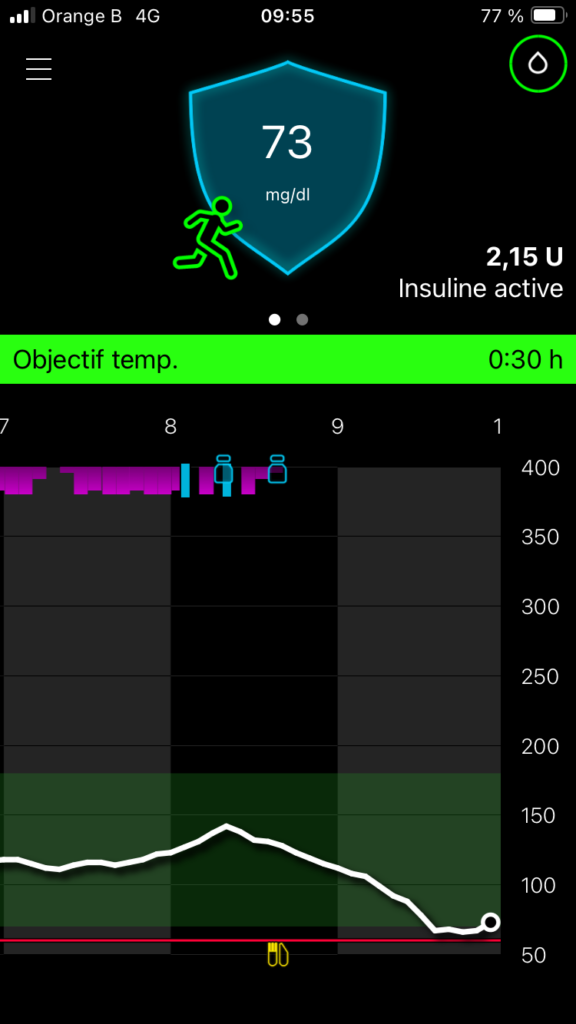 Dans cette photo apparaît la glycémie dans l'instant, la durée depuis le début de l'objectif temporaire, l'insuline active. Sont aussi présents la courbe, les moments de test et les corrections.